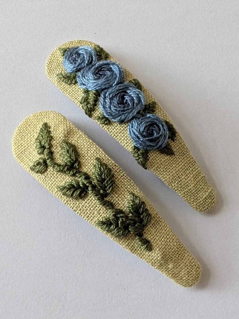 New Blue Rose and Leaf Duo embroidered linen cotton handmade hair clips